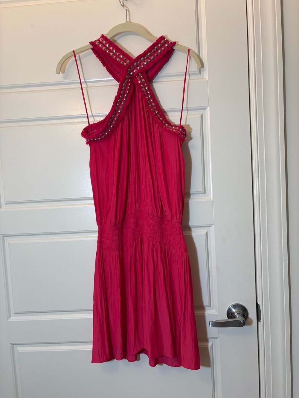 Ramy Brook Alara Hot Pink Halter Mini Dress with Studded Frayed Trim - Picture 1 of 9